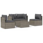 5-Piece Garden Lounge Set with Cushions Grey Poly Rattan Wicker Outdoor Patio Furniture