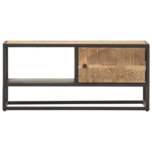 TV Cabinet with Carved Door 90x30x40cm Rough Mango Wood - Image 2