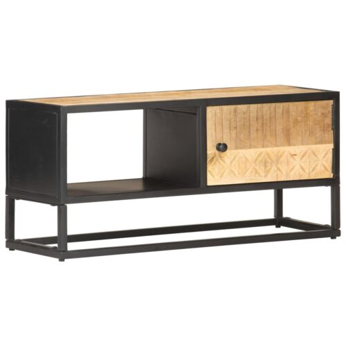 TV Cabinet with Carved Door 90x30x40cm Rough Mango Wood - Image 8