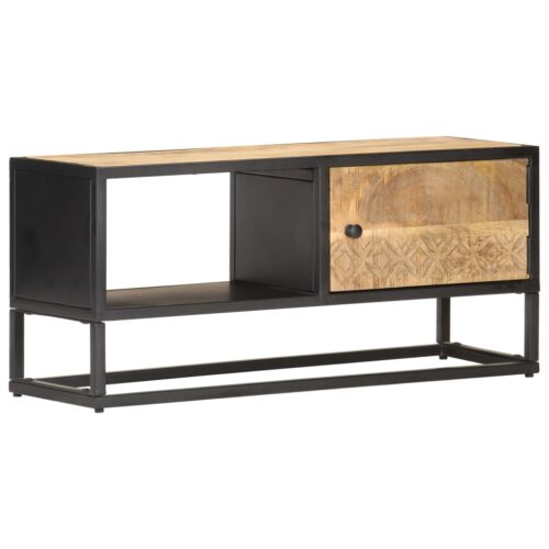 TV Cabinet with Carved Door 90x30x40cm Rough Mango Wood - Image 11