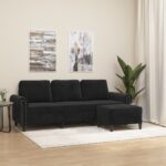 3-Seater Sofa with Footstool Lounge Ottoman Couch Velvet Fabric Black 180cm