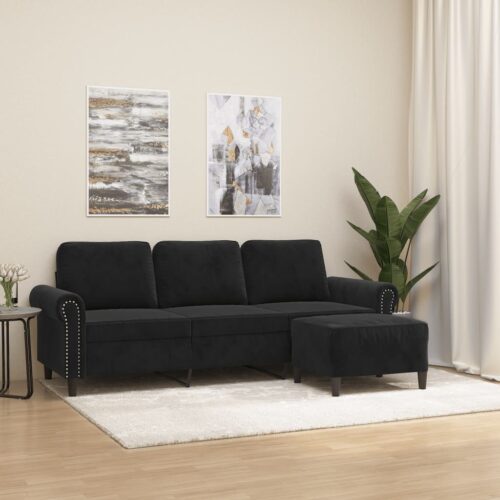 3-Seater Sofa with Footstool Lounge Ottoman Couch Velvet Fabric Black 180cm