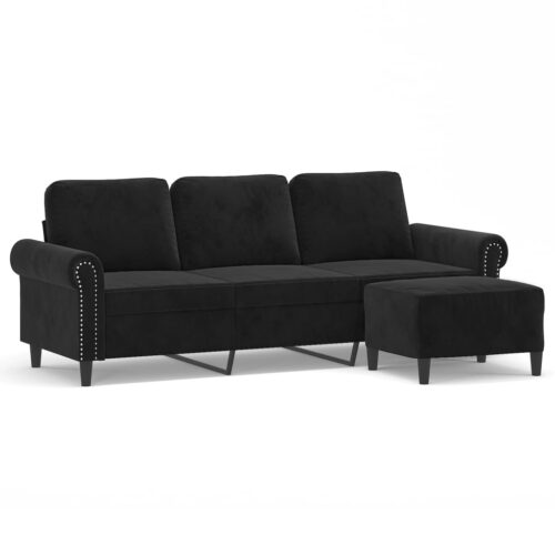 3-Seater Sofa with Footstool Lounge Ottoman Couch Velvet Fabric Black 180cm - Image 2
