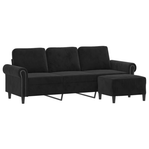 3-Seater Sofa with Footstool Lounge Ottoman Couch Velvet Fabric Black 180cm - Image 3
