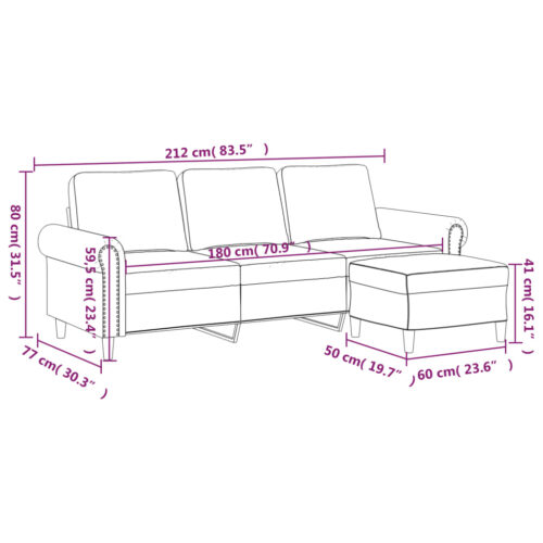 3-Seater Sofa with Footstool Lounge Ottoman Couch Velvet Fabric Black 180cm - Image 7
