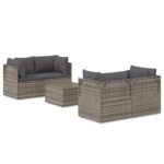 5-Piece Garden Lounge Set with Cushions Grey Poly Rattan Wicker Outdoor Patio Furniture