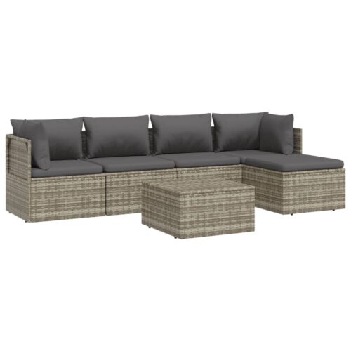 6-Piece Garden Lounge Set with Cushions Grey Poly Rattan Wicker Outdoor Patio Furniture - Image 3