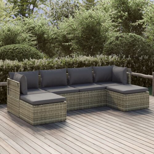 6-Piece Garden Lounge Set with Cushions Grey Poly Rattan Wicker Outdoor Patio Furniture - Image 2