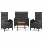 4-Piece Garden Dining Set with Cushions Black Poly Rattan Wicker Outdoor Patio Furniture