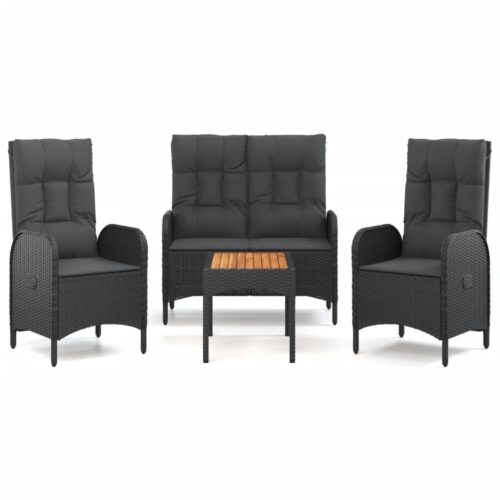 4-Piece Garden Dining Set with Cushions Black Poly Rattan Wicker Outdoor Patio Furniture