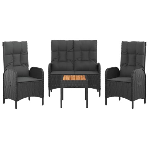 4-Piece Garden Dining Set with Cushions Black Poly Rattan Wicker Outdoor Patio Furniture - Image 3