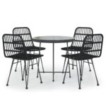 5-Piece Garden Dining Set Black Poly Rattan Wicker Outdoor Patio Furniture