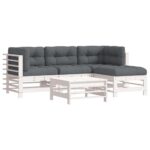 5-Piece Garden Lounge Set Pine Wood Outdoor Patio Furniture Grey Cushions White