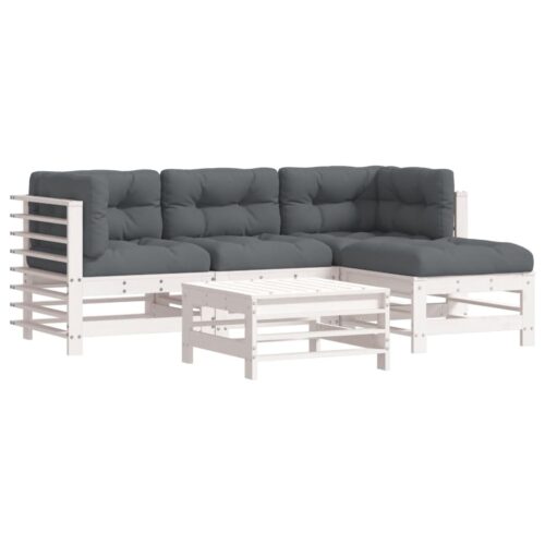 5-Piece Garden Lounge Set Pine Wood Outdoor Patio Furniture Grey Cushions White
