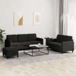 3pcs Sofa Ottoman Set 5-Seater Lounge Couch Futon Foot Stool Velvet Fabric Black
