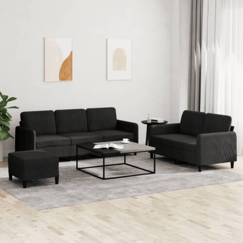3pcs Sofa Ottoman Set 5-Seater Lounge Couch Futon Foot Stool Velvet Fabric Black