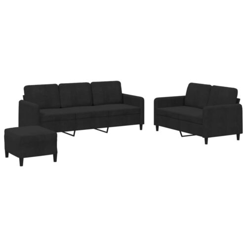 3pcs Sofa Ottoman Set 5-Seater Lounge Couch Futon Foot Stool Velvet Fabric Black - Image 2