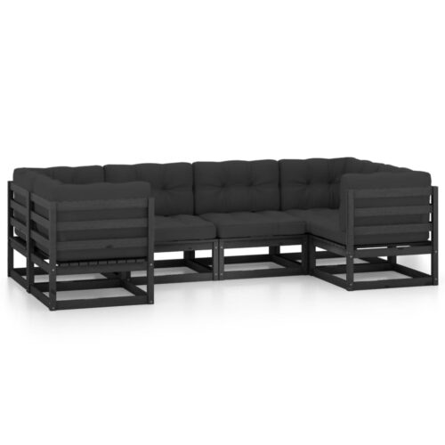 6-Piece Garden Lounge Set with Cushions Black Pine Wood Outdoor Patio Furniture