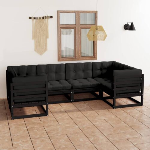 6-Piece Garden Lounge Set with Cushions Black Pine Wood Outdoor Patio Furniture - Image 12