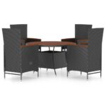 5-Piece Outdoor Dining Set with Cushions Poly Rattan Wicker Outdoor Patio Furniture Black