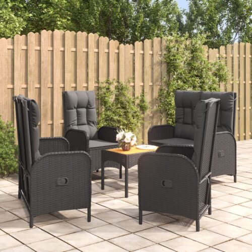 5-Piece Garden Dining Set with Cushions Black Poly Rattan Wicker Outdoor Patio Furniture - Image 12