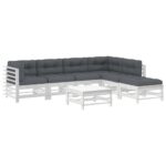 7-Piece Garden Lounge Set Pine Wood Outdoor Patio Sofa Furniture Grey Cushions White