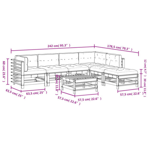 7-Piece Garden Lounge Set Pine Wood Outdoor Patio Sofa Furniture Grey Cushions White - Image 9
