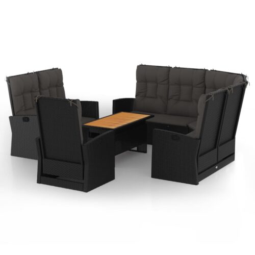 4-Piece Garden Lounge Set with Cushions Black Poly Rattan Wicker Outdoor Patio Furniture