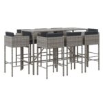9-Piece Garden Bar Set with Cushions Grey Poly Rattan Wicker Outdoor Patio Furniture