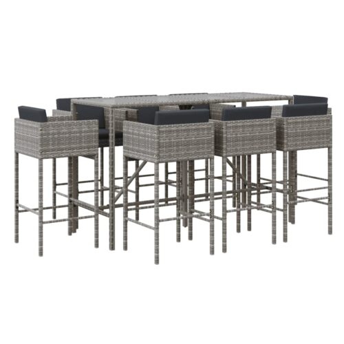 9-Piece Garden Bar Set with Cushions Grey Poly Rattan Wicker Outdoor Patio Furniture