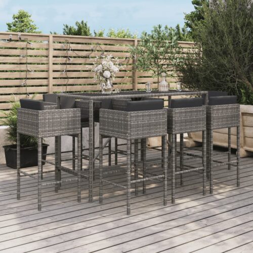 9-Piece Garden Bar Set with Cushions Grey Poly Rattan Wicker Outdoor Patio Furniture - Image 9