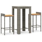 3-Piece Garden Bar Set Grey Poly Rattan Wicker Outdoor Patio Furniture&Solid Wood Acacia