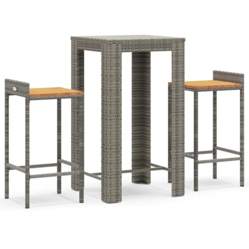 3-Piece Garden Bar Set Grey Poly Rattan Wicker Outdoor Patio Furniture&Solid Wood Acacia