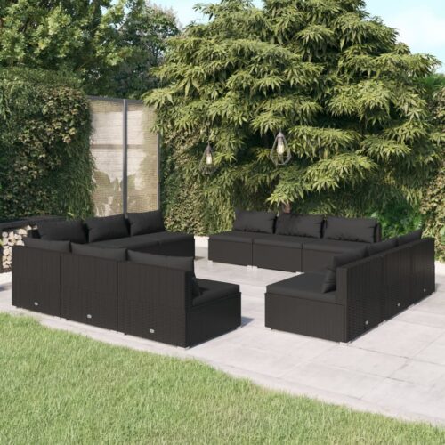 12-Piece Garden Lounge Set with Cushions Poly Rattan Wicker Outdoor Patio Furniture Black - Image 7