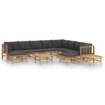 12-Piece Garden Lounge Set with Dark Grey Cushions Bamboo Outdoor Patio Furniture
