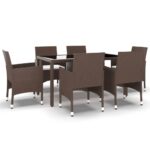 7-Piece Garden Dining Set Poly Rattan Tempered Glass Brown