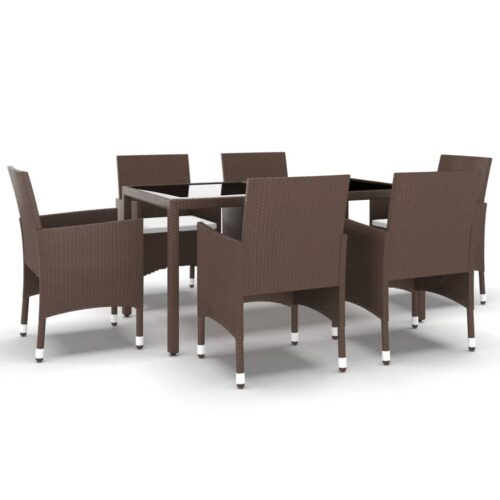 7-Piece Garden Dining Set Poly Rattan Tempered Glass Brown