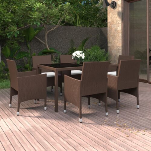 7-Piece Garden Dining Set Poly Rattan Tempered Glass Brown - Image 9