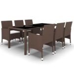 7-Piece Garden Dining Set Poly Rattan Tempered Glass Brown