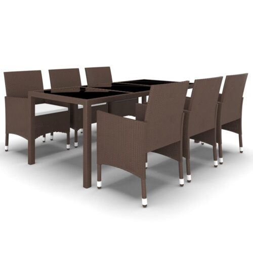 7-Piece Garden Dining Set Poly Rattan Tempered Glass Brown