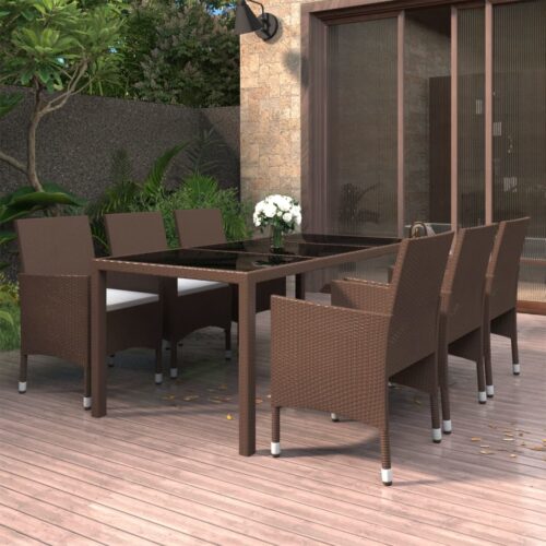 7-Piece Garden Dining Set Poly Rattan Tempered Glass Brown - Image 9
