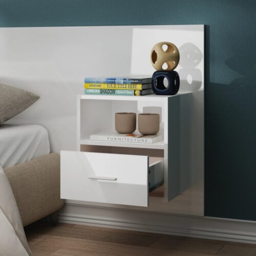 Wall-mounted Bedside Cabinet High Gloss White - Image 3