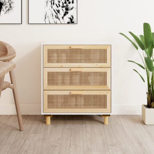 Sideboard White 60x30x70cm Solid Wood Pine Natural Rattan - Image 11