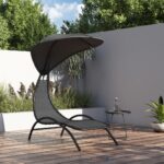 Sun Lounger with Canopy Dark Grey 167x80x195cm Fabric Steel