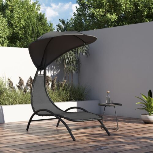 Sun Lounger with Canopy Dark Grey 167x80x195cm Fabric Steel