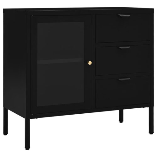 Steel Glass Sideboard Buffet Cabinet Storage Rack Display Shelf Cupboard Black