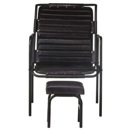 Relaxing Armchair with a Footrest Black Real Leather - Image 2