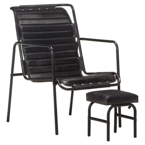 Relaxing Armchair with a Footrest Black Real Leather - Image 7
