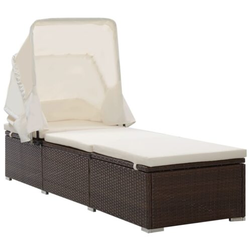 Sun Lounger with Canopy Cushion Poly Rattan Brown