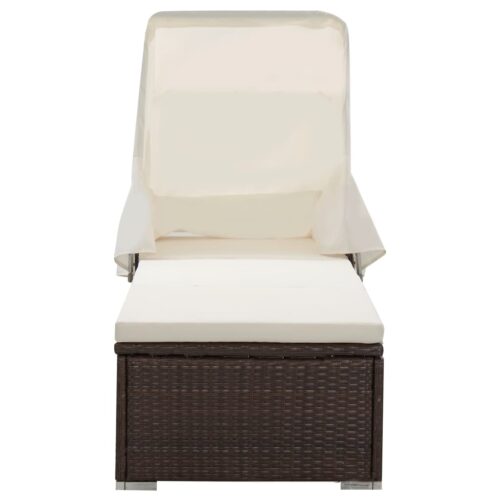 Sun Lounger with Canopy Cushion Poly Rattan Brown - Image 2